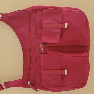 Tumi Pucket E/W Flap Crossbody Messenger Bag in Fuchsia/Silver Hardware/Leather